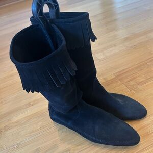 Jimmy Choo Black Suede Women’s Moccasin Boots with Fringe